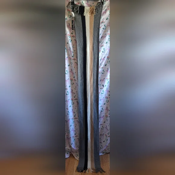 NWT Boss Tan & Grey Stripe Wool Neutral Causal Unisex Preppy Winter Scarf Wrap - Picture 5 of 11